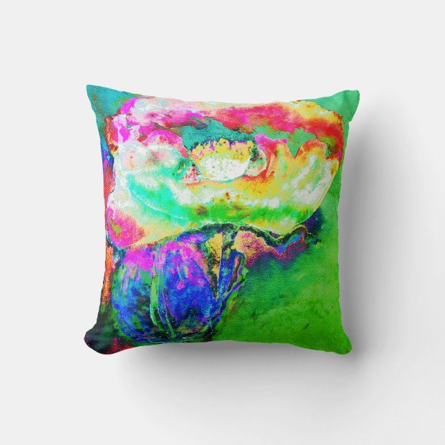 Lime Green Abstract Poppy Painting Cushion (Front)