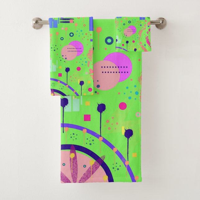 Lime Green Abstract Print Bath Towel Set (Insitu)