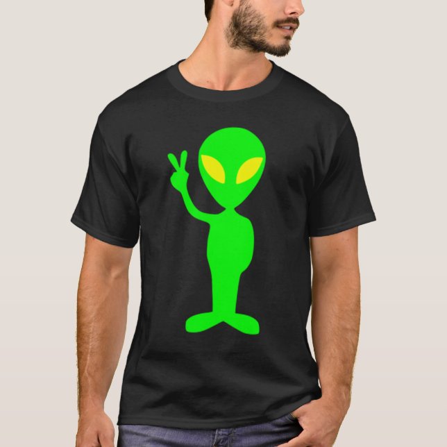Lime Green Alien giving Peace Sign Shirt (Front)