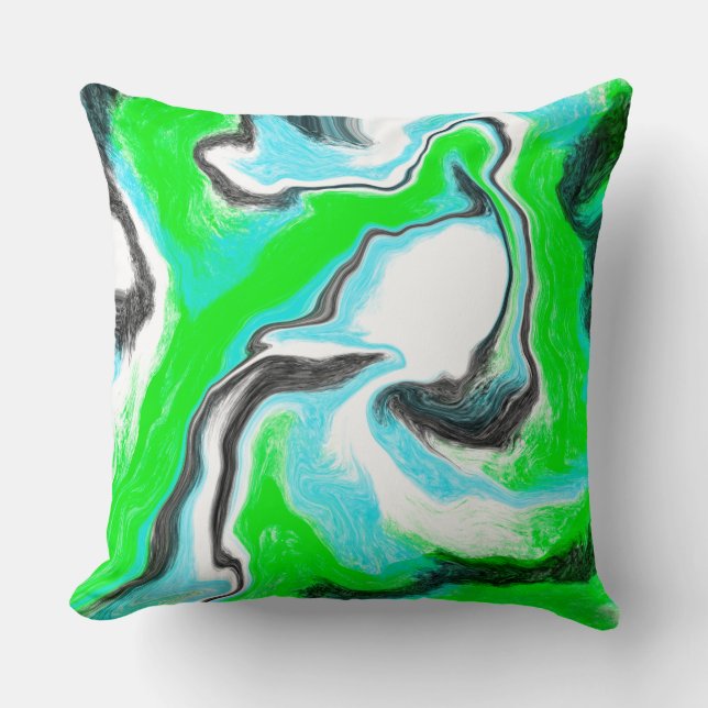 Lime Green and Aqua Blue Bubble Abstract Art Throw Cushion (Front)