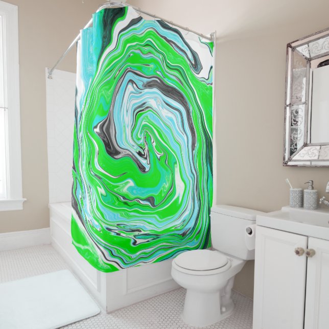 Lime Green and Aqua Blue Marble Swirls Shower Curtain (In Situ)