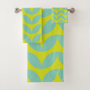 Lime Green and Aqua Blue Retro Leaf Pattern Bath Towel Set