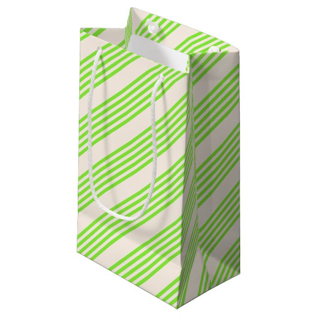 Lime green and beige five stripes pattern small gift bag (Front Angled)