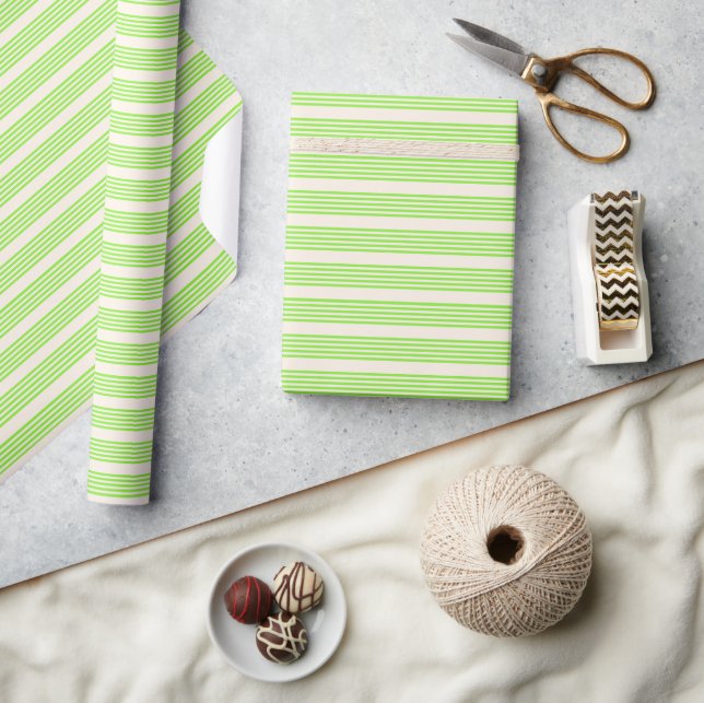 Lime green and beige five stripes pattern wrapping paper (Crafts)