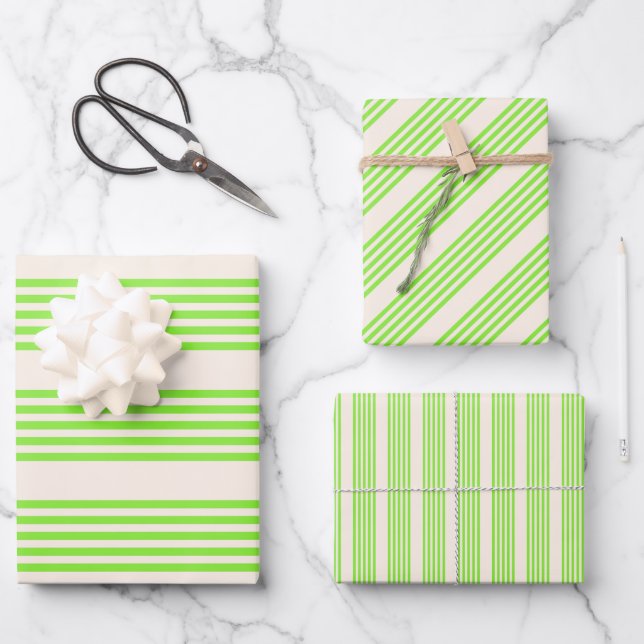 Lime green and beige five stripes pattern wrapping paper sheet (Front)