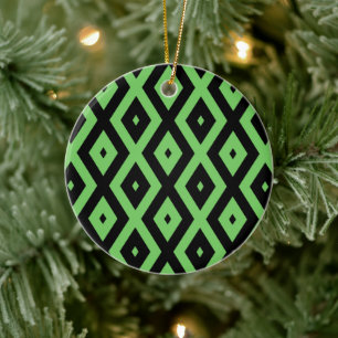 Lime green and black diamond pattern ceramic ornament
