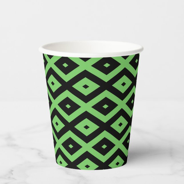 Lime green and black diamond pattern paper cups (Front)