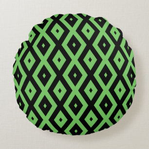 Lime green and black diamond pattern round cushion