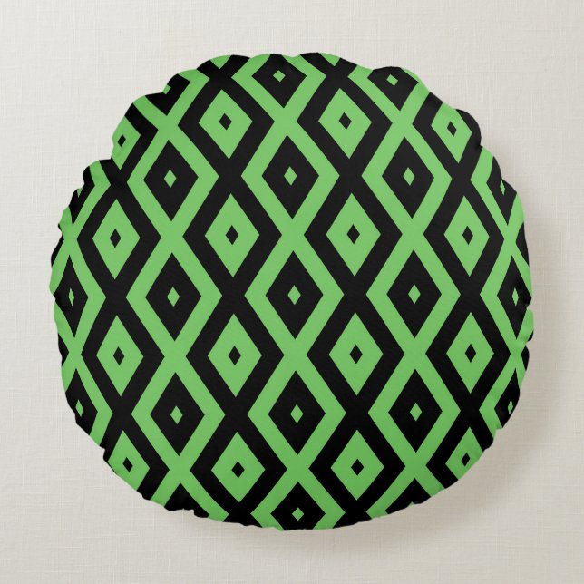 Lime green and black diamond pattern round cushion (Front)