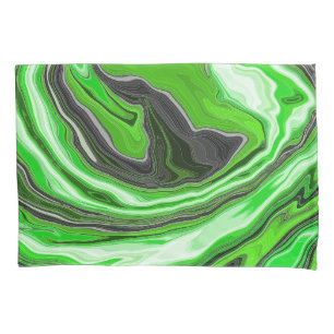 Lime Green and Black Marble like Swirls Fluid Art  Pillowcase