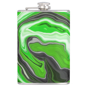 Lime Green and Black Marble Swirls Fluid Art Hip Flask