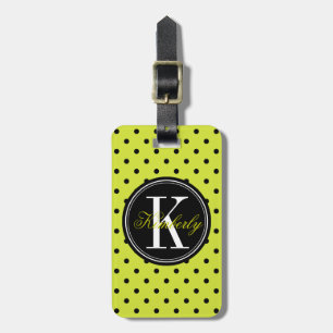 Lime Green and Black Polka Dot with Black Monogram Luggage Tag