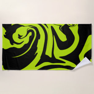 Lime Green and Black retro marble swirl Beach Towel