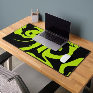 Lime Green and Black retro marble swirl Desk Mat