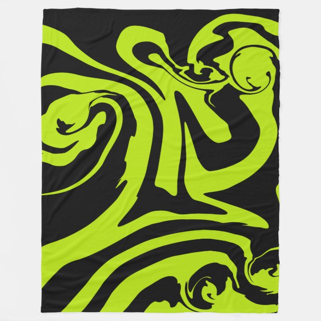 Lime Green and Black retro marble swirl Fleece Blanket (Front)