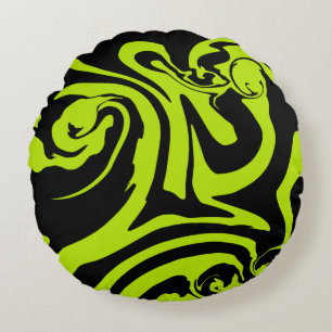 Lime Green and Black retro marble swirl Round Cushion