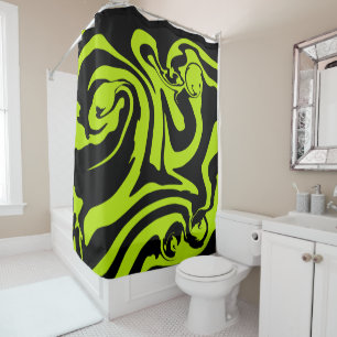 Lime Green and Black retro marble swirl Shower Curtain