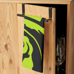 Lime Green and Black retro marble swirl Tea Towel