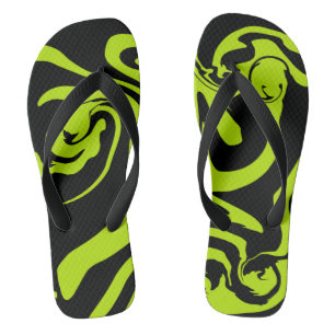 Lime Green and Black retro marble swirl Thongs