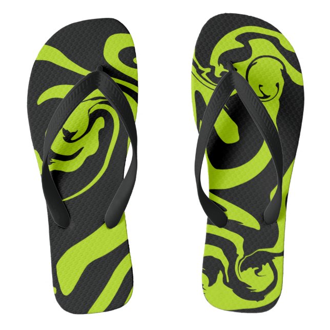 Lime Green and Black retro marble swirl Thongs (Footbed)