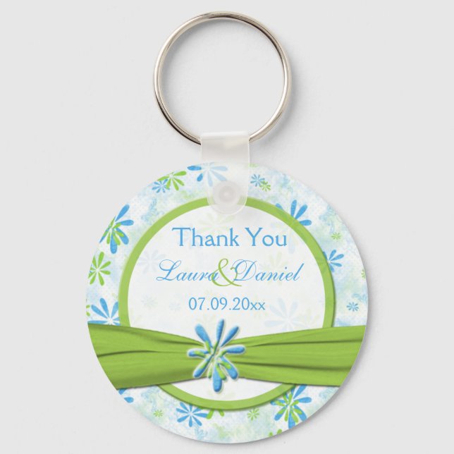 Lime Green and Blue Floral Wedding Favour Keychain (Front)