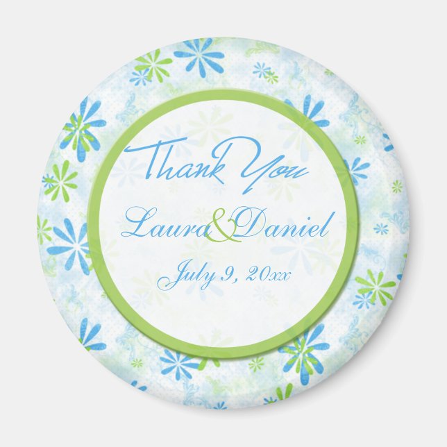 Lime Green and Blue Floral Wedding Favour Magnet (Front)