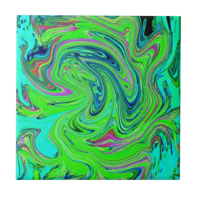 Lime Green and Blue Groovy Abstract Retro Art Ceramic Tile (Front)