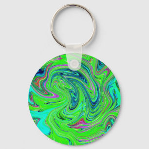 Lime Green and Blue Groovy Abstract Retro Art Key Ring
