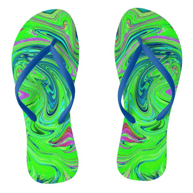 Lime Green and Blue Groovy Abstract Retro Art Thongs (Footbed)