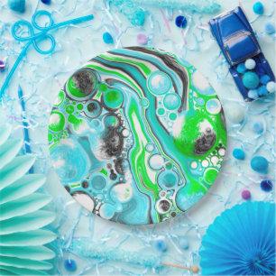 Lime Green and Blue Marble like Swirls  Bubbles Paper Plate