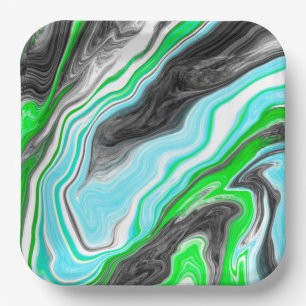 Lime Green and Blue Marble like Swirls   Paper Plate