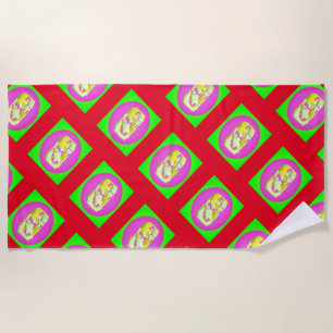 Lime Green and bright purple patterns Beach Towel