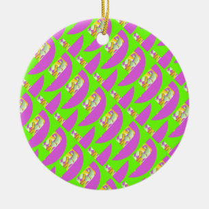 Lime Green and bright purple patterns Card Ceramic Ornament