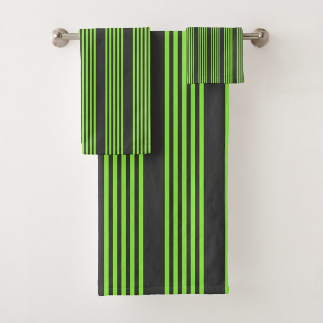 Lime green and charcoal five stripes pattern bath towel set (Insitu)