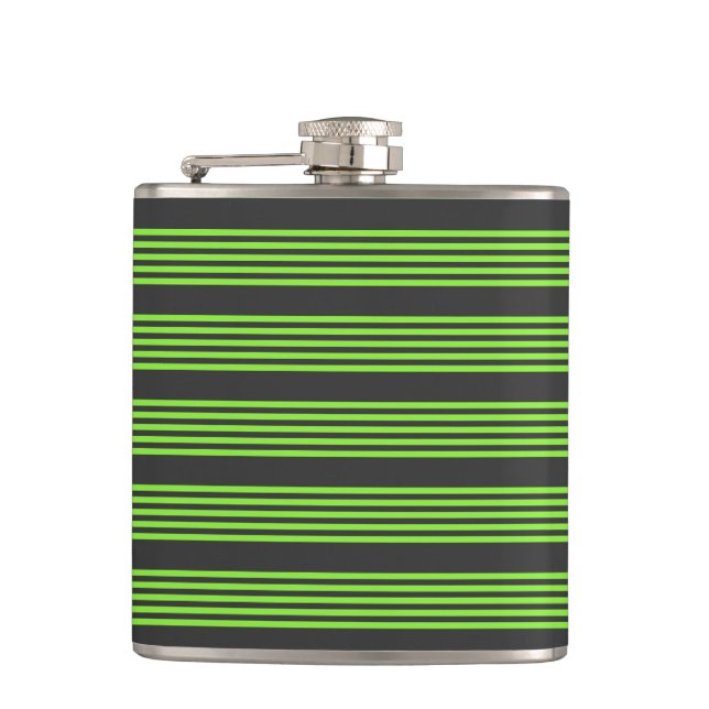 Lime green and charcoal five stripes pattern hip flask (Front)