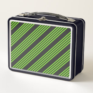Lime green and charcoal five stripes pattern metal lunch box
