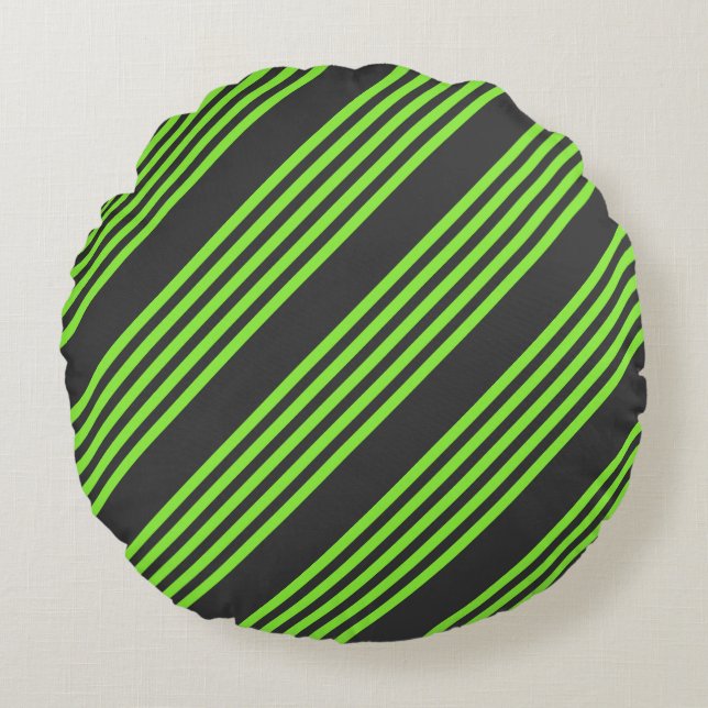 Lime green and charcoal five stripes pattern round cushion (Front)