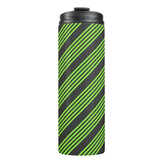 Lime green and charcoal five stripes pattern thermal tumbler (Front)
