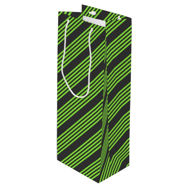 Lime green and charcoal five stripes pattern wine gift bag (Front Angled)