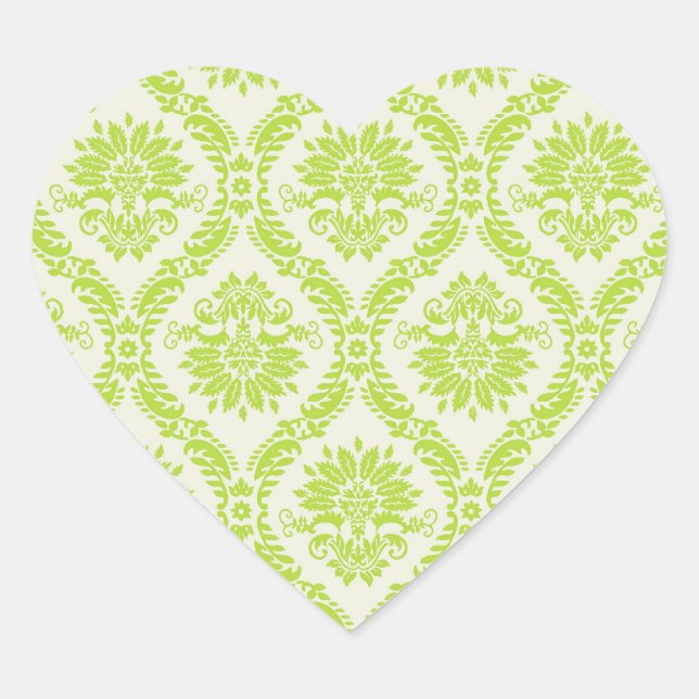 lime green and cream elegant damask pattern heart sticker (Front)