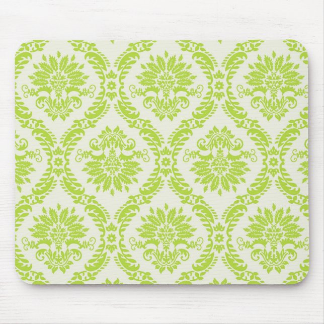 lime green and cream elegant damask pattern mouse pad (Front)