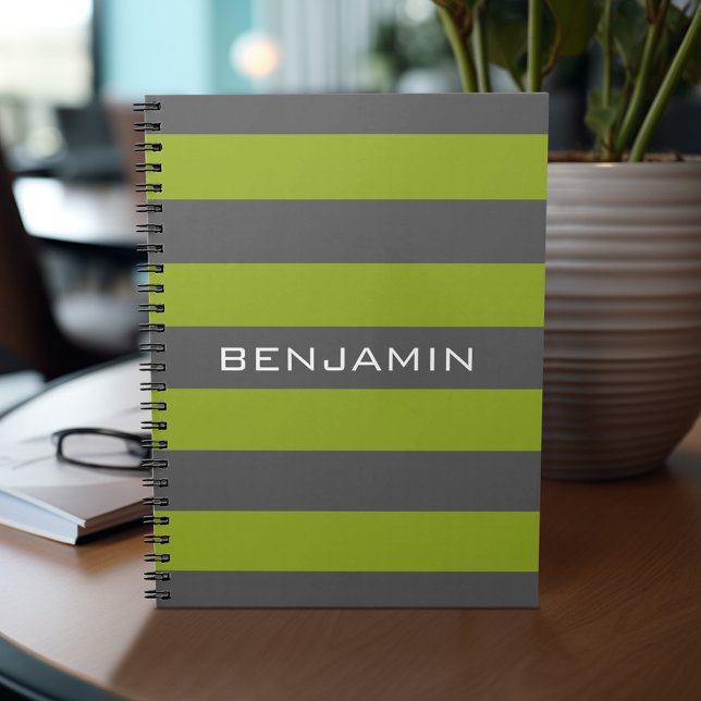 Lime Green and Gray Rugby Stripes with Custom Name Notebook (Personalized notebook with custom text - add your name and other options)