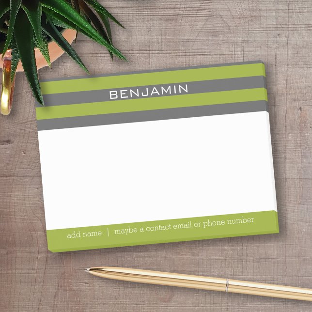 Lime Green and Grey Rugby Stripes with Custom Name Post-it Notes (Personalized Post-It Notes - add name or other text)