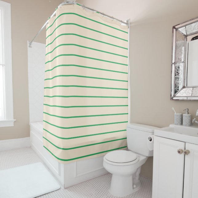 Lime Green and Ivory Stripes Geometric Pattern Shower Curtain (In Situ)