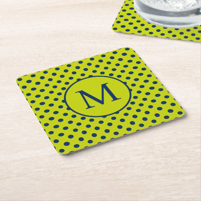 Lime Green and Navy Blue Polka Dot Monogram Square Paper Coaster (Angled)
