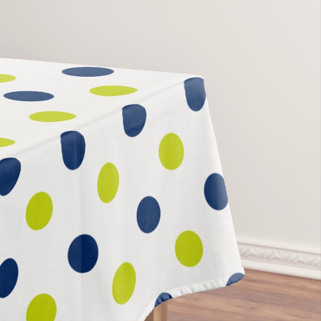 Lime Green and Navy Blue Polka Dots on White Tablecloth (In Situ)