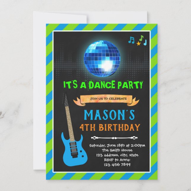 Lime green and navy dance music birthday invitation (Front)