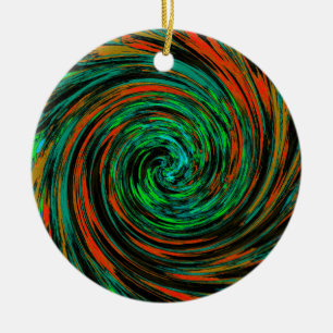 Lime Green and Orange Abstract Retro Twirl Ceramic Ornament
