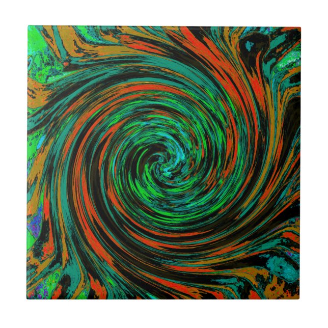 Lime Green and Orange Abstract Retro Twirl Ceramic Tile (Front)