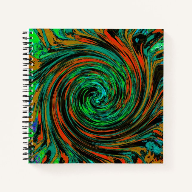 Lime Green and Orange Abstract Retro Twirl Notebook (Front)